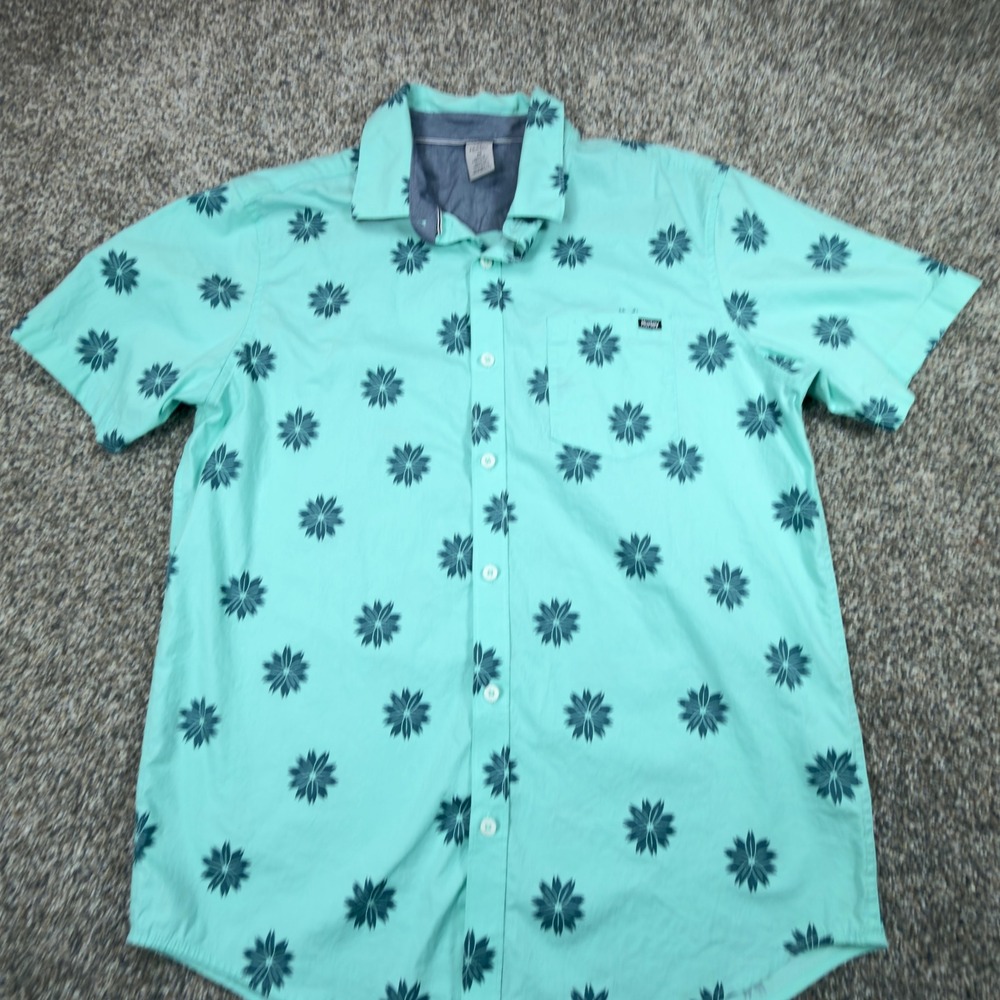 Hurley Mens Medium Short Sleeve Button Up Shirt Mint Green Floral Starburst M